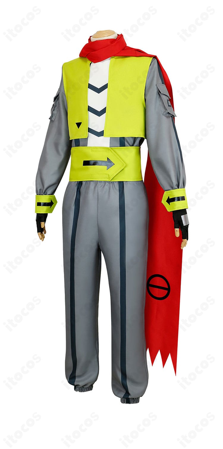 凹凸世界 カミル コスプレ衣装の側面図。マフラーと帽子の立体感、パンツのシルエットまで細部を確認できるデザイン。