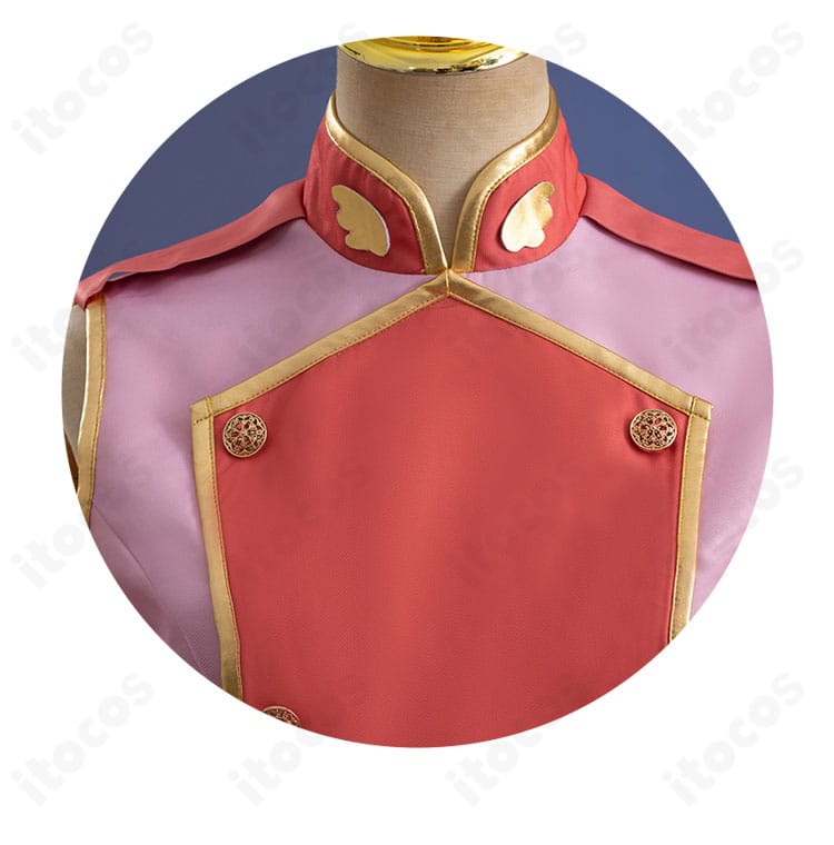 木之本桜 衣装の襟元ディテール。刺繍風モチーフと縁取りの仕立て、質感が分かる近接写真