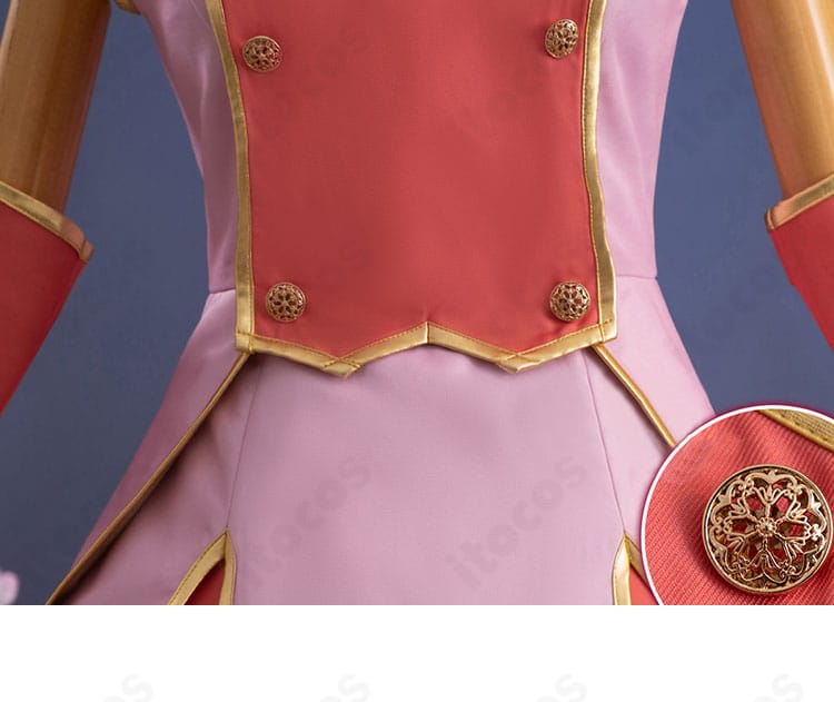 コスプレ衣装の腰部装飾とボタンのディテール。ウエストまわりの意匠と縫製の丁寧さが伝わる画像