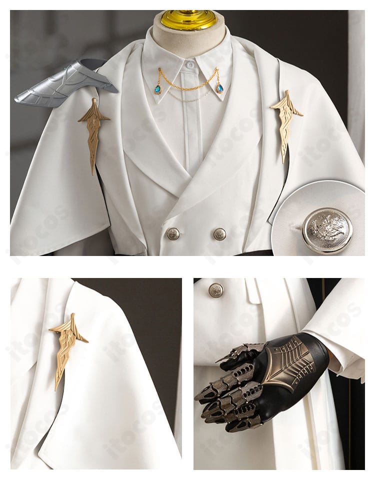 袖口・手袋・留め具のアップ。装飾の彫りと縫製の丁寧さを示すディテール