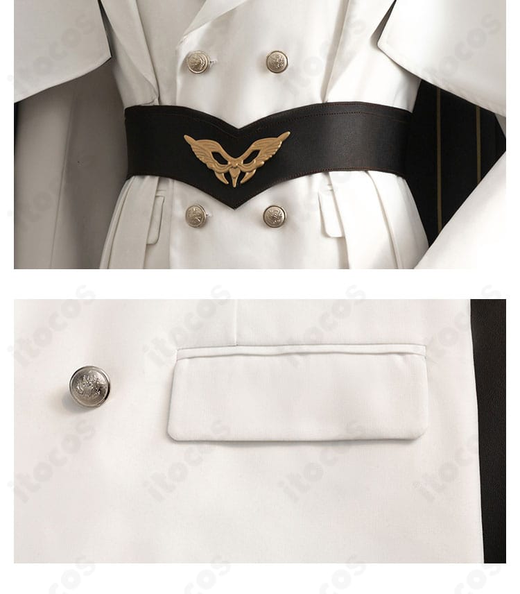 腰帯とポケット意匠のクローズアップ。金属調パーツがアクセントになった装飾