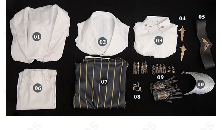 セイヤ コスプレ衣装のセット一式展示。コート、マント、肩鎧など内容が一望できる画像