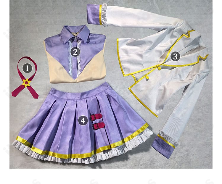 エルザ フォルテ コスプレ衣装のセット内容。リボン、シャツ、コート、スカートの4点を並べた確認用画像。