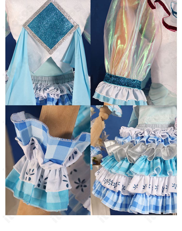 真中らぁら 1周年記念衣装の背面・袖・スカート装飾ディテール。後ろ姿のデザインと各部の作り込みを示す画像。