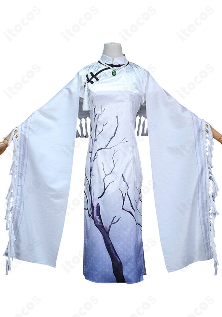 エダ・メスマー（心理学者）の西湖コラボ旗袍コスプレ衣装・正面フルビュー。上品な刺繍と斜襟が映える高再現モデル。