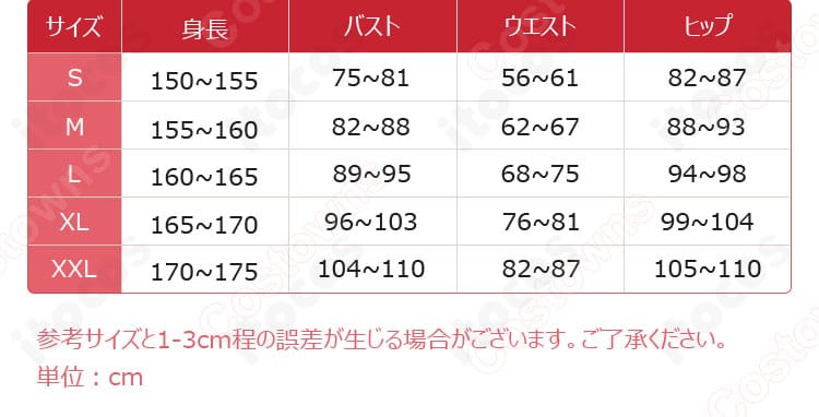 コスプレ衣装のサイズ表と寸法データ。S〜XXLの各部位計測ガイドを確認できる画像。