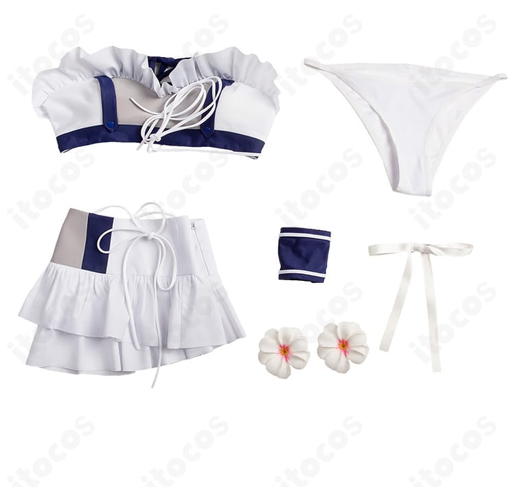 ティファ・ロックハート シャインフリッパー水着 セット内容一覧。上下・手首飾り・髪飾りのフルセット配置