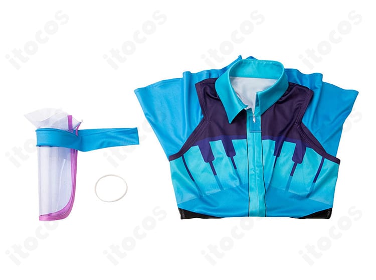 セット内容一式のレイアウト。レオタード・髪飾り・手首飾りの3点を明示