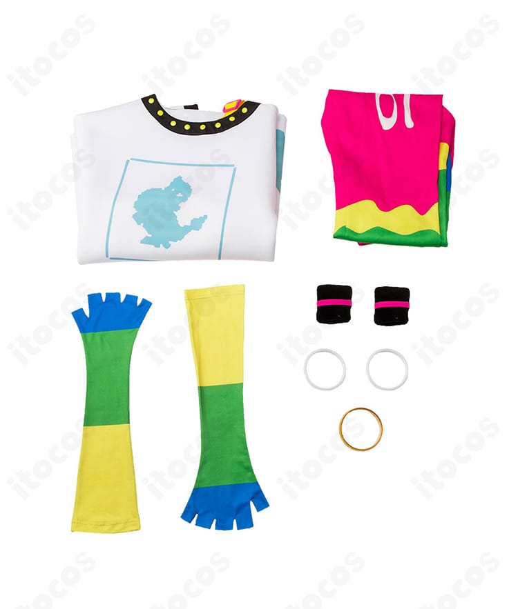 セット内容一覧。トップス・ズボン・手袋・手首飾り・髪飾りの5点が揃う画像