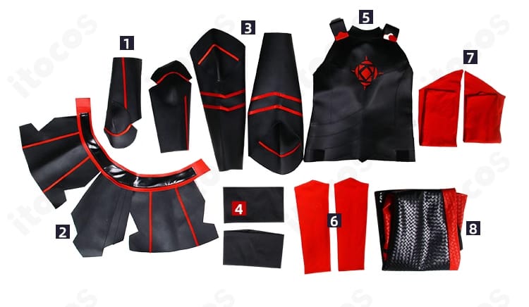 メイプル（本条楓）コスプレ衣装のセット内容一覧。トップス、スカート、手鎧、オーバースカート、足鎧、手袋、アームカバー、靴下が整然と並ぶ。