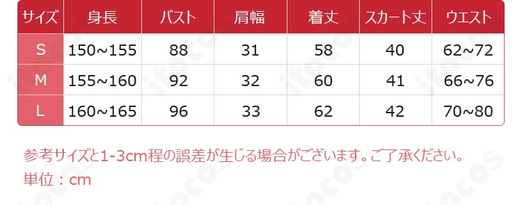 初音ミク 陰陽師コラボ衣装のサイズ表。S・M・Lの寸法ガイド