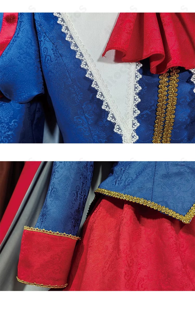 襟元・袖口のクローズアップ。刺繍風装飾とトリムでプリンスらしい気品を表現したディテール