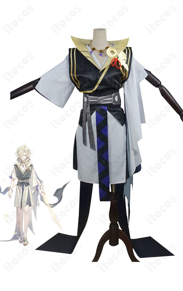 陰陽師 本格幻想RPG 須佐之男 少年期コスプレ衣装の正面着用イメージとキャラクター比較。刺繍と装飾の再現度が分かる構図。