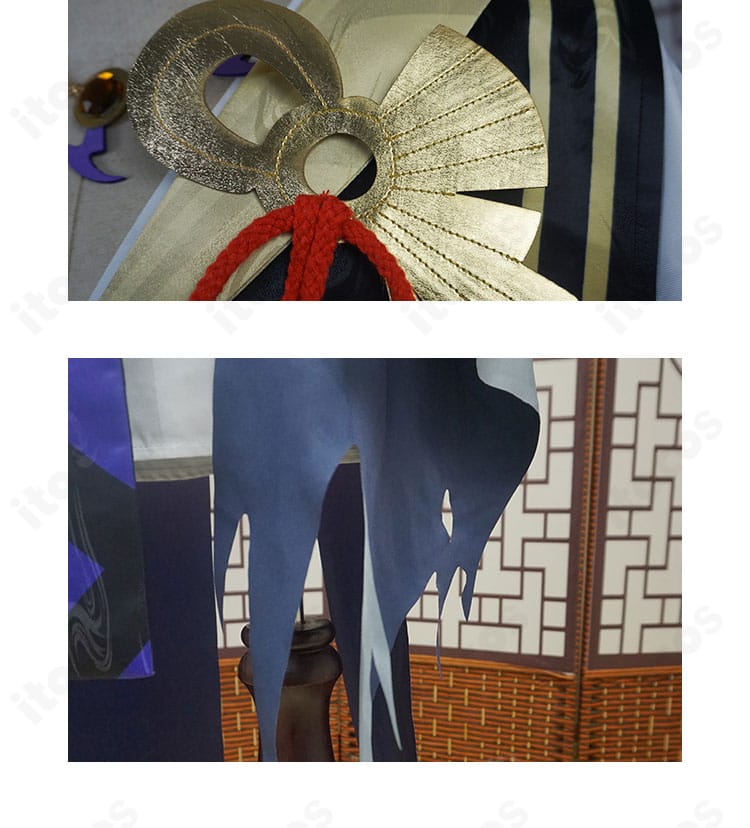 陰陽師 須佐之男 少年期コスプレ衣装の胸前装飾と下衣裾ディテール。柄の表現と仕上げの美しさを強調。