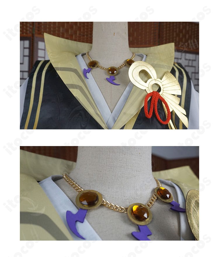 陰陽師 須佐之男 少年期コスプレ衣装の頸部装飾と衣領ディテール。精巧な刺繍と縁取りの質感が見える接写。