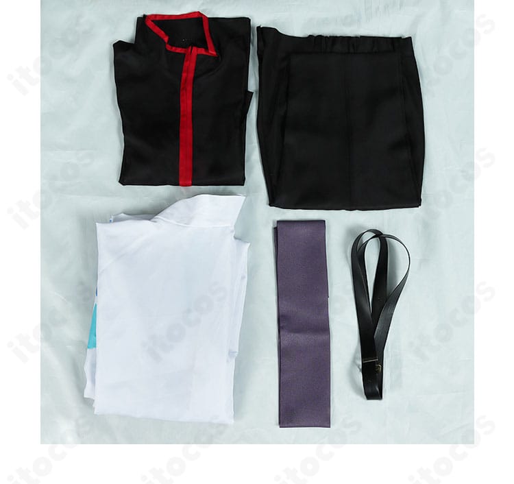 坂田銀時 ランモバコラボ衣装のセット内容一式。黒い上着・白い着物・ズボン・コルセットベルト・ベルトを並べて紹介。