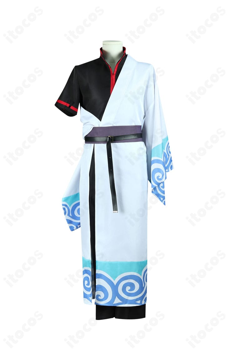 銀魂 坂田銀時 ランモバコラボ衣装の正面全体。黒上着と白い着物、衣領装飾まで高精度に再現したセットアップ。