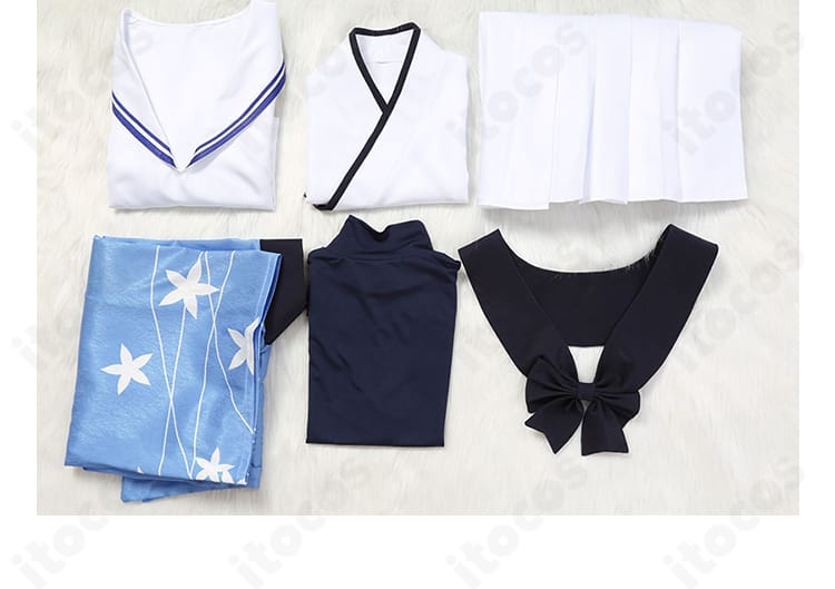 御稜ナグサ コスプレ衣装セット一式のレイアウト画像。コート・上着・トップス・インナー・スカート・リボンを一覧で表示。