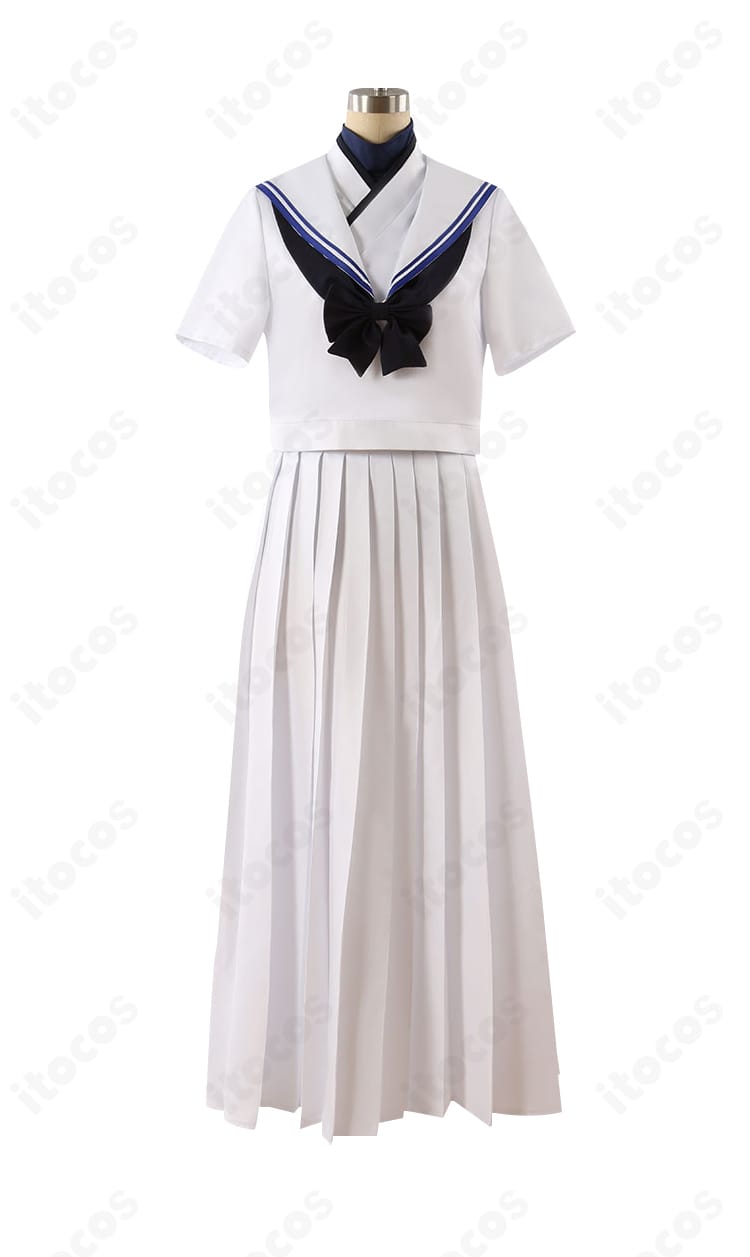 御稜ナグサ衣装 インナー白シャツのフロントディテール。襟元の仕立てと質感が見えるクローズアップ。