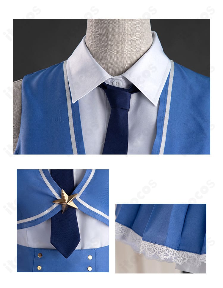 ネックラインと衣領、スカート装飾の近接ディテール。配色とトリムの縫製が分かる画像