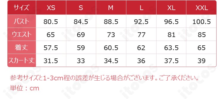 天宮りずむ コスプレ衣装のサイズ表と寸法データを示すガイド画像
