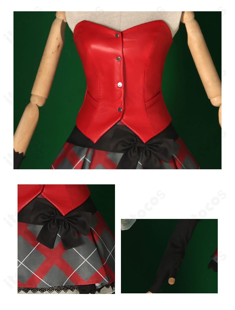 トップス・スカート・手袋・チョーカー・コルセットベルトの装飾ディテール。刺繍とパーツの質感を近接で確認できる画像。