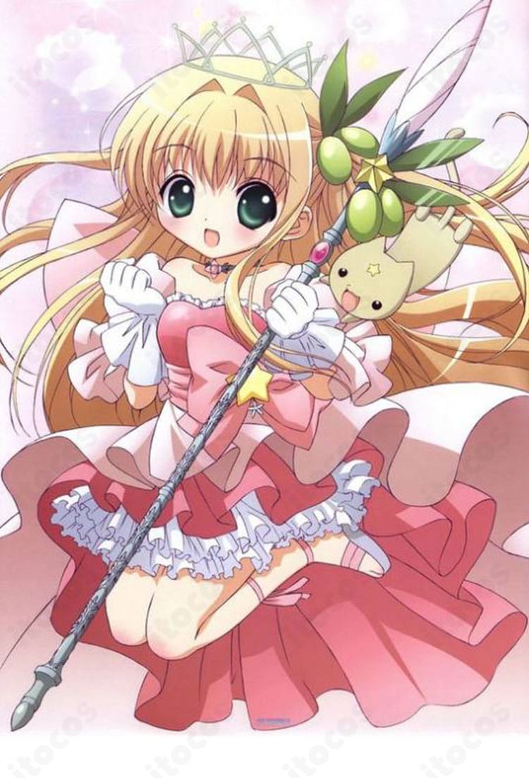 花園花鈴のコスプレ衣装一式を着用した全身画像。魔法少女風ワンピースとリボン、アクセが分かる構図