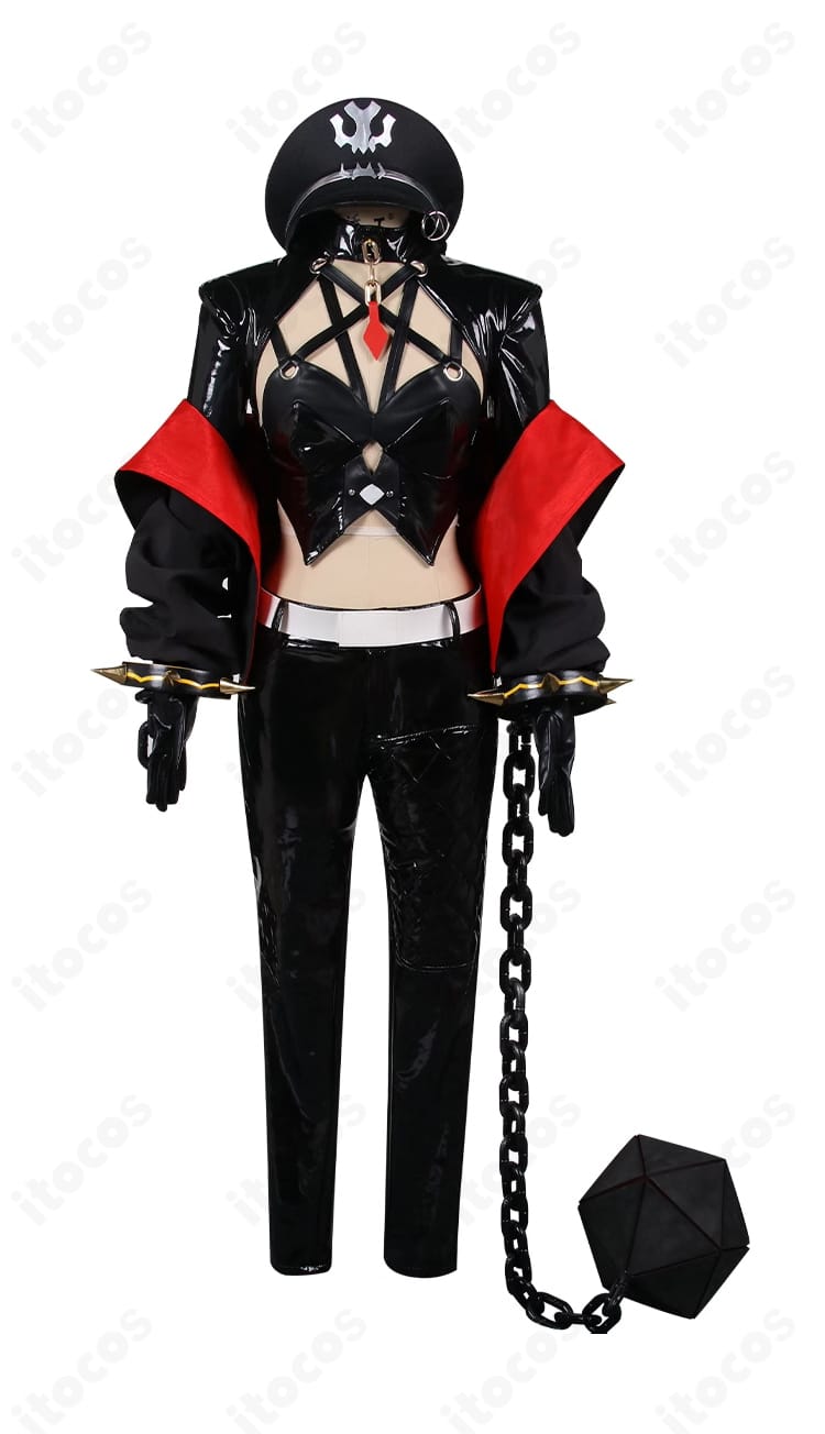 シャックル カトリーナ衣装の装飾ディテール。金属調パーツとステッチの質感