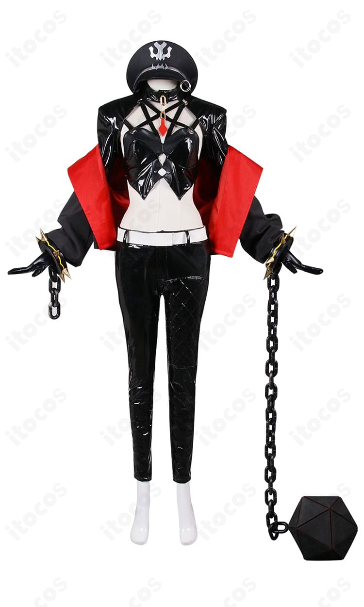 シャックル カトリーナ コスプレ衣装の正面全体。赤い襟のコートとベルト、インナー・ズボンのコーディネート