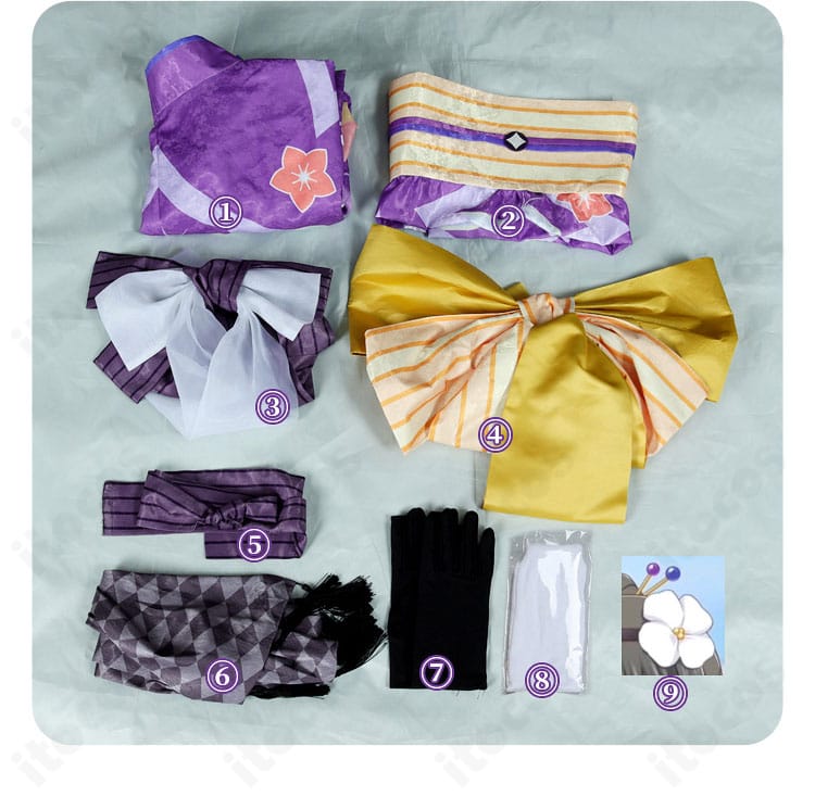 暁美ほむら 晴着コスプレ衣装のセット内容一覧。主要パーツが揃ったフルセット。