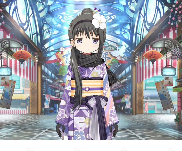 マギアレコードの暁美ほむら 晴着コスプレ衣装。キャラクターの意匠を細部まで再現したセット全体像。