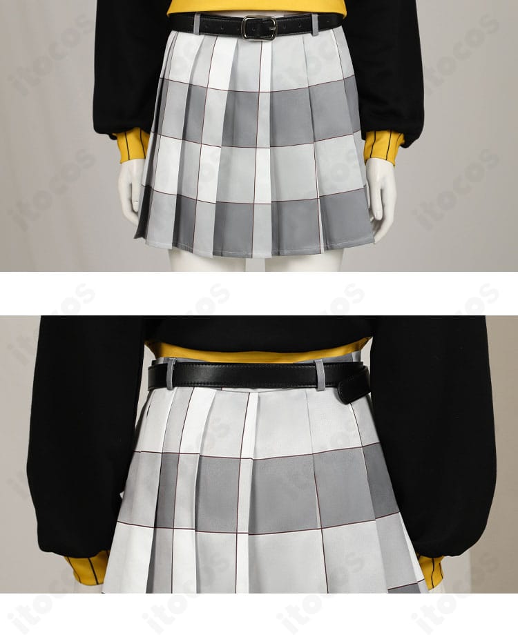 新井素羽 コスプレ衣装スカートの正面・背面装飾ディテール。プリーツと装飾の配置が分かる