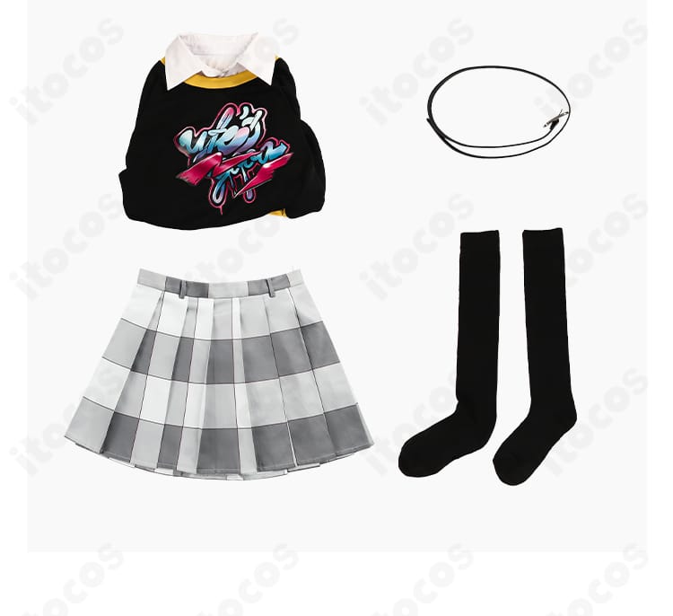 新井素羽 コスプレ衣装のセット内容一式。トップス・スカート・ベルト・靴下の構成