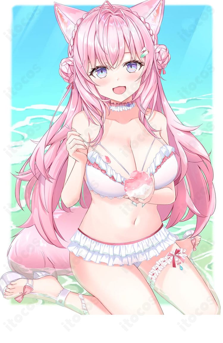 博衣こよりの水着コスプレ衣装一式。水着上下・太もも飾り・チョーカーを合わせた高再現セットの全体画像