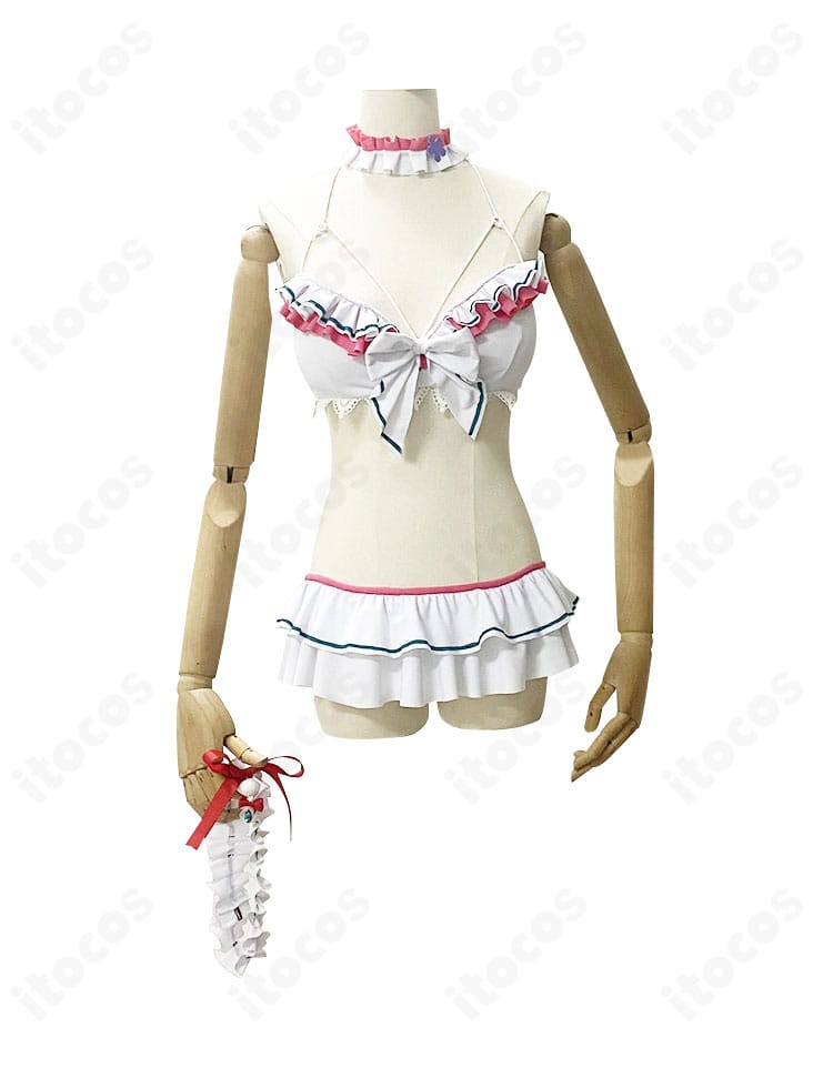 博衣こより 水着コスプレ衣装の正面。透け感のある上品素材と細部の装飾、サイズオーダー仕立てのシルエット