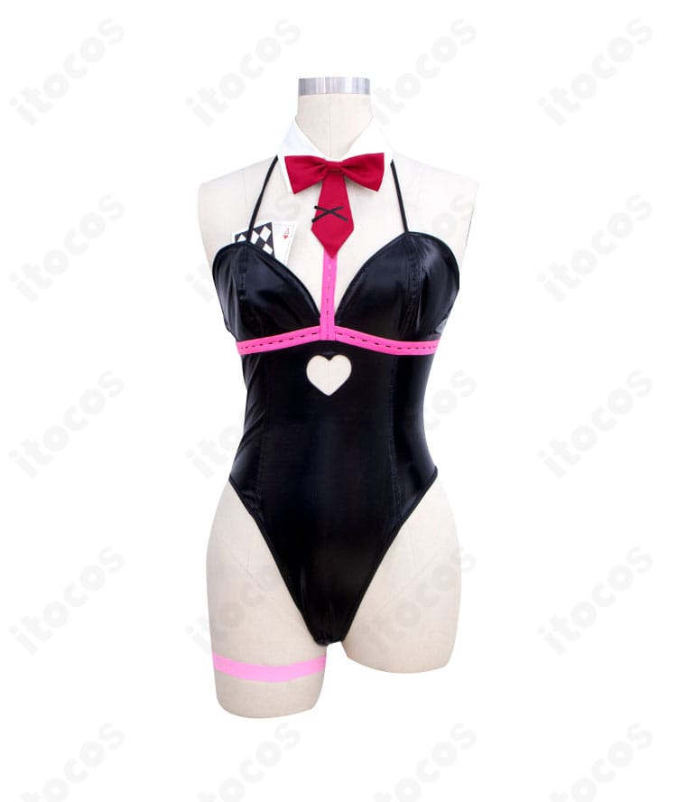 初音ミク ラビットホールver. コスプレ衣装の正面全身。レオタードのラインと胸飾り、つけ襟・スカーフの配置が分かる高再現デザイン。