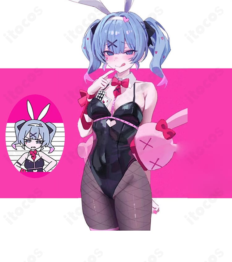 初音ミク ラビットホールver. のキャラクター全身イメージ。ウサミミカチューシャとレオタード、網タイツを着用した幻想的なコスプレ衣装。