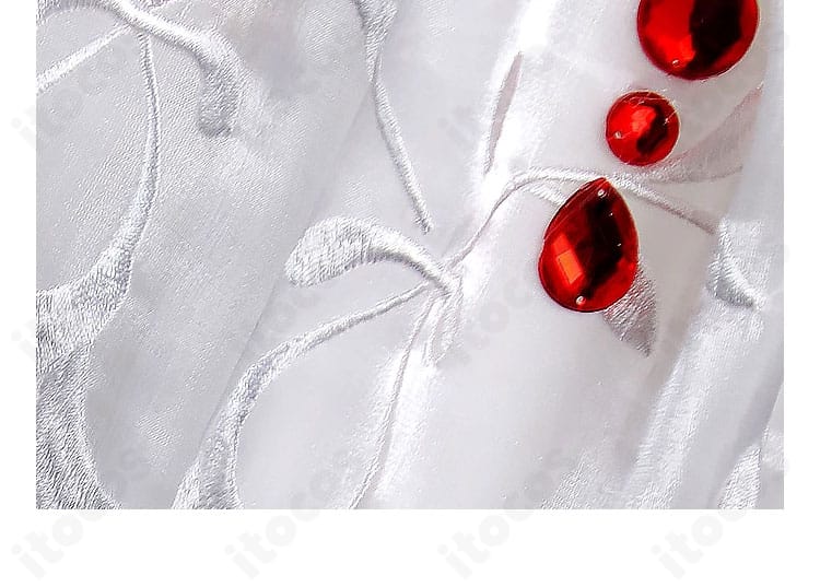 襟元に配した赤い宝石の近接ショット。高級感のあるポイント