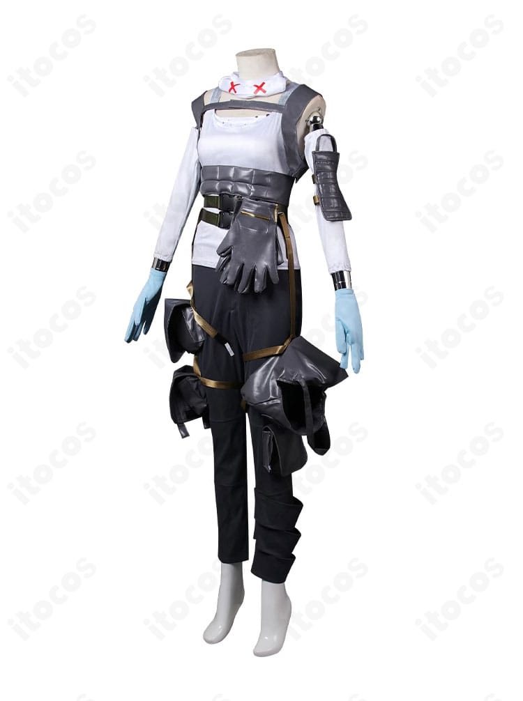 ライフライン衣装の側面ディテール。ショルダーベルトと腰回りの装飾を確認