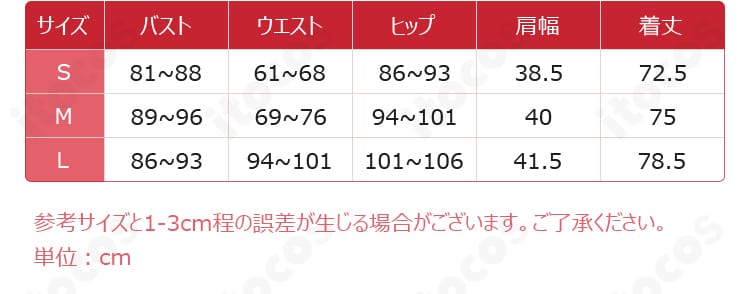 メイデン コスプレ衣装のサイズ表と各部寸法ガイド