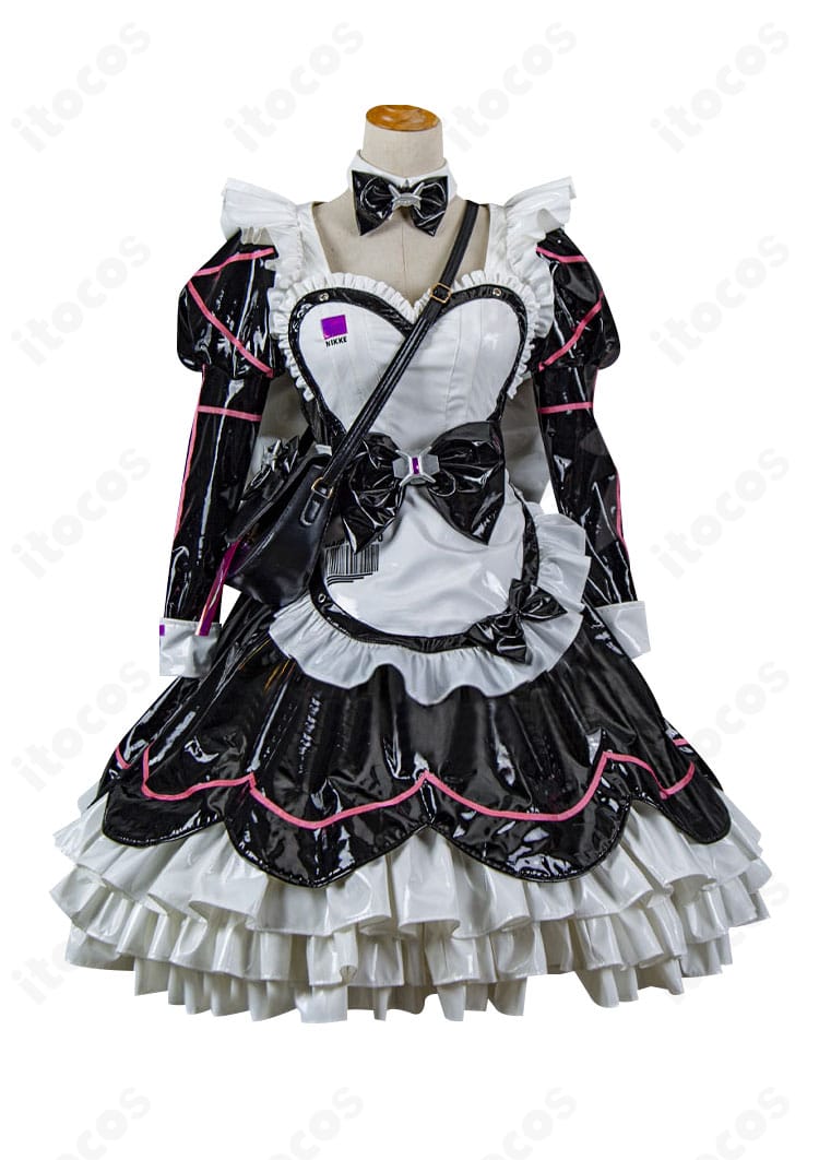 ココア メイド服コスプレの正面ディテール。エプロンと胸元リボンの意匠が分かる近接カット。