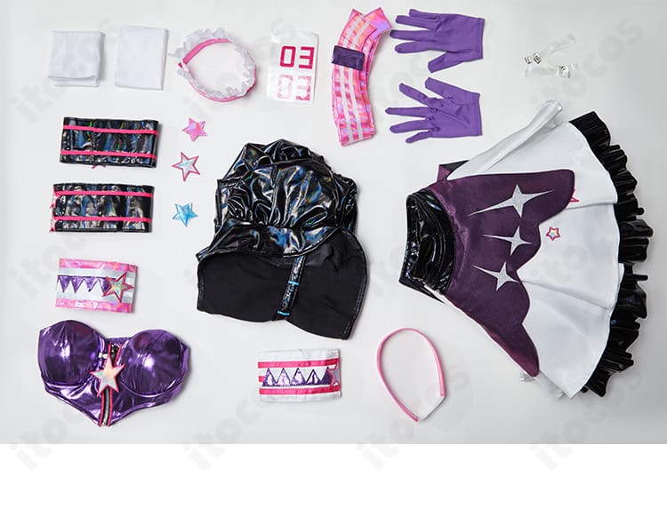 セット内容一覧。トップス、スカート、チューブトップ、手袋、腿飾り、背部蝶結び、ベルト、靴下、手首飾り、タトゥーシール、チョーカーを掲載。