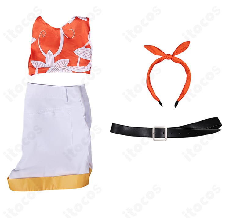 FFVII リバース ユフィ・キサラギ水着コスのセット内容一式。トップス、ショートパンツ、ベルト、髪飾りの4点が並ぶ確認用画像。