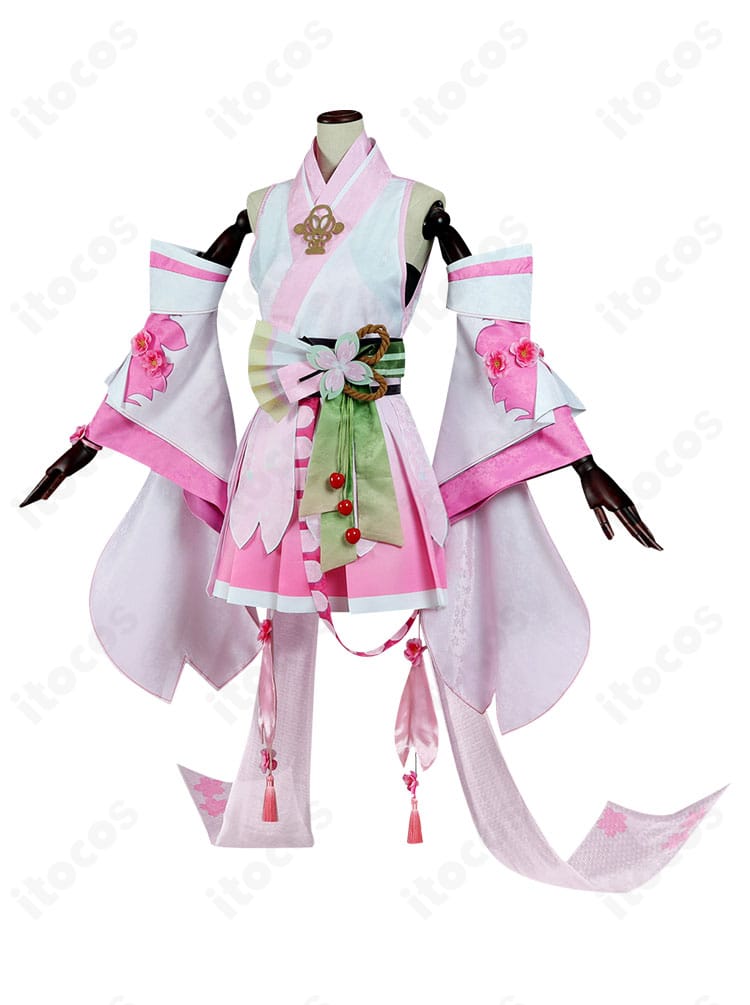 桜ミク（陰陽師コラボ）衣装の側面。袖とスカートの流れるシルエットと装飾の重なりが分かるアングル。