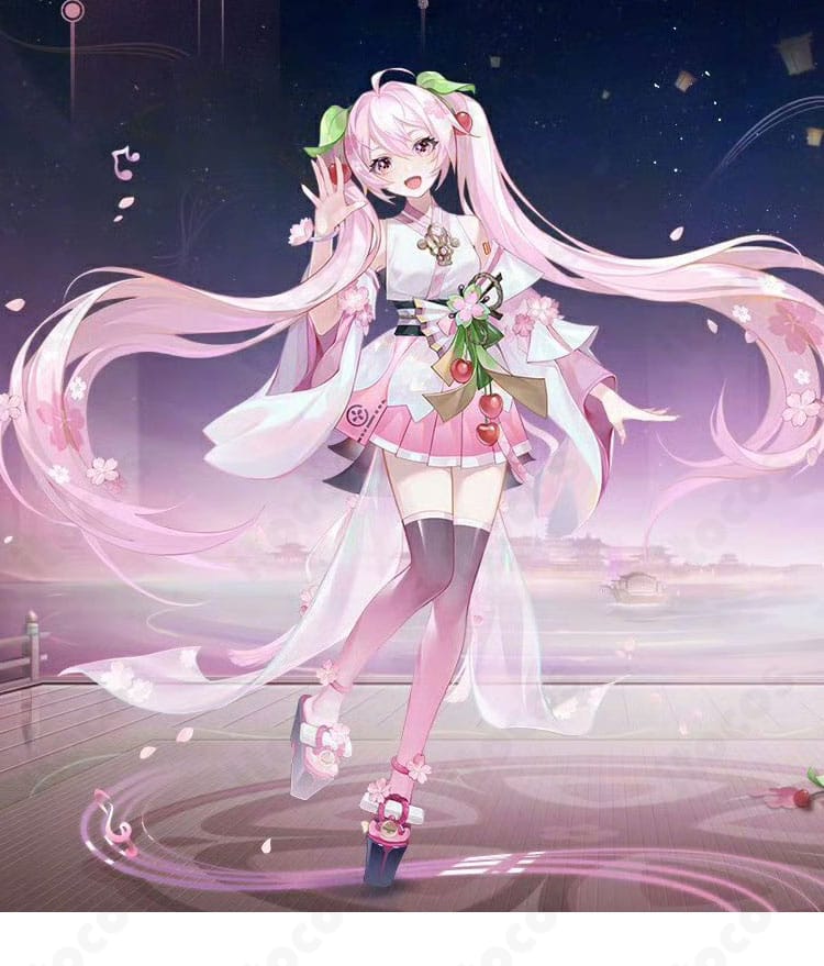初音ミク 桜ミク（陰陽師コラボ）コスプレ衣装を着用したキャラクター全身画像。桜色と和風意匠が映えるデザイン。