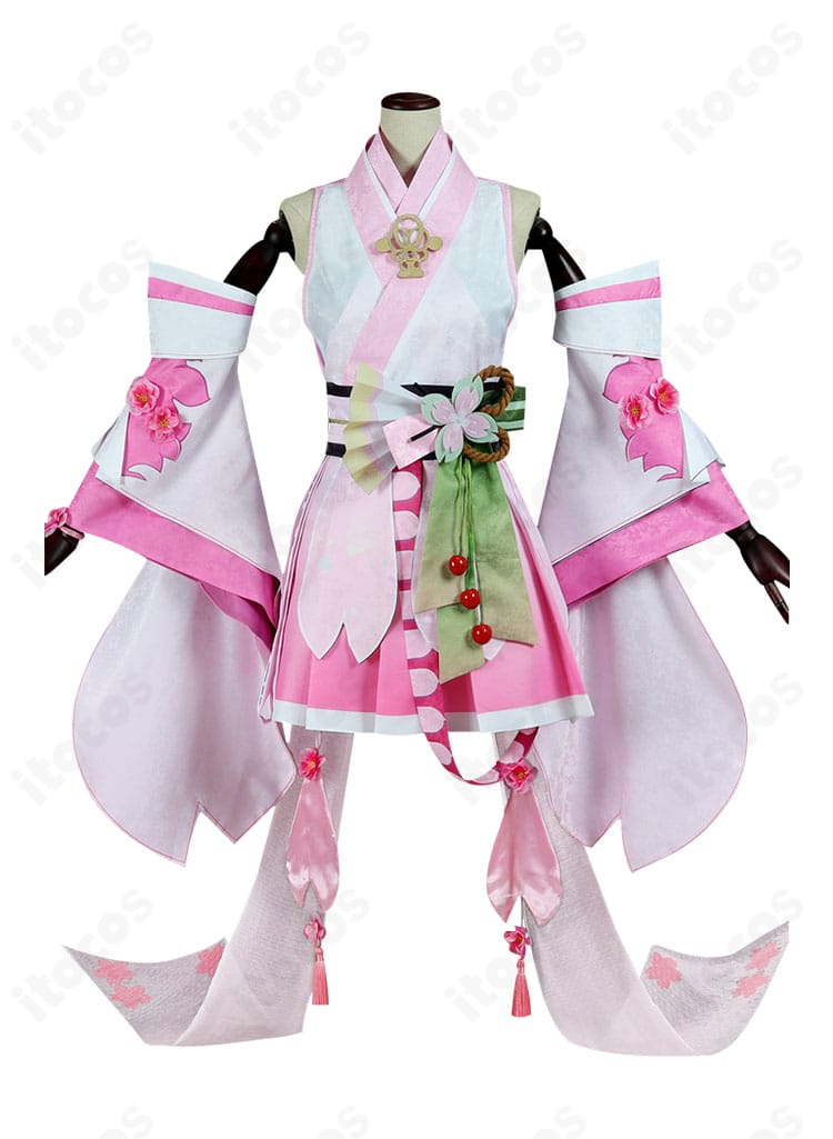 桜ミク（陰陽師コラボ）衣装の正面全体。襟元から裾までの桜モチーフと配色を忠実に再現。