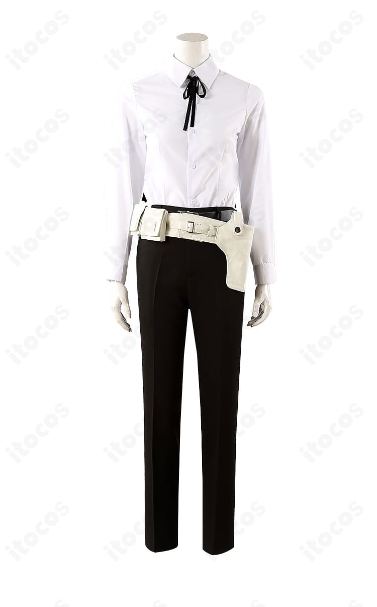 戦闘服コスプレのインナーシャツ詳細。襟元の形状とリボンの結び位置、前立ての縫製が分かるクローズアップ。