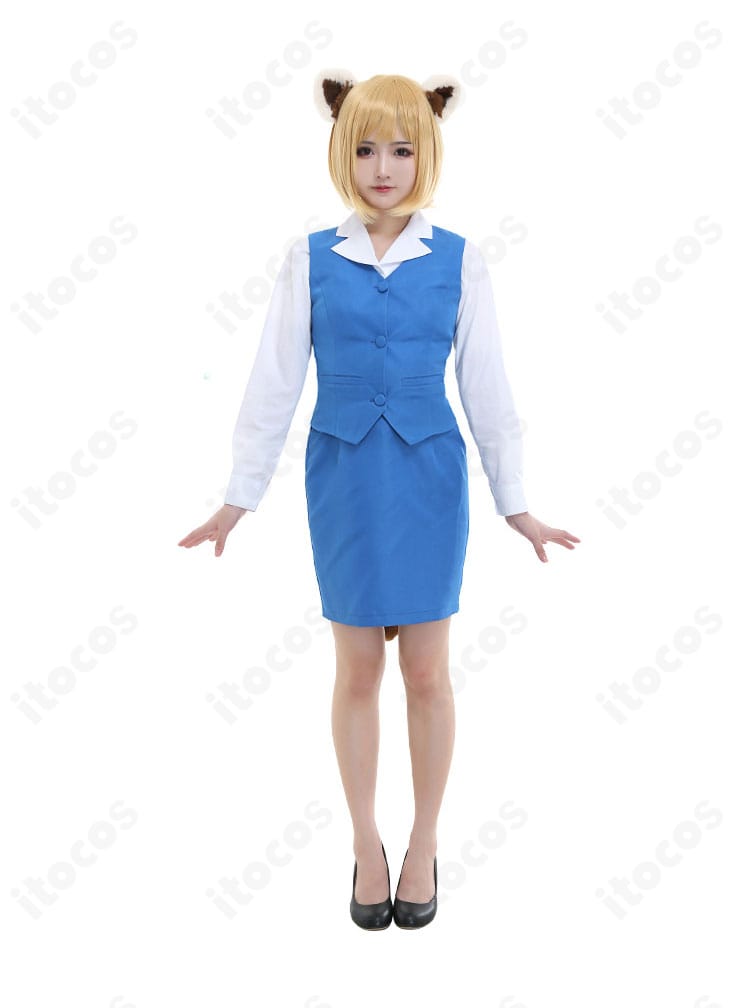 烈子の事務制服コスプレ正面。シャツ・ベスト・スカートに耳と尻尾を合わせたフルセットの全身像。