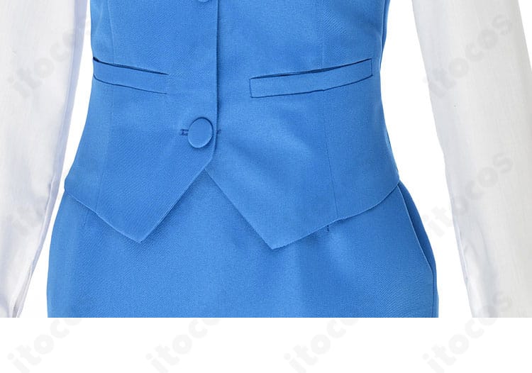 腰部側面ディテール。ベストのサイドラインとスカートの生地感、ウエスト周りの仕立て。