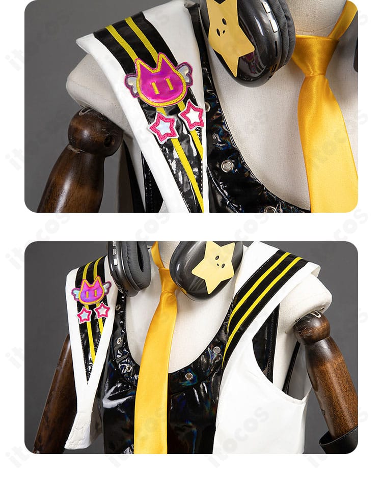 上衣の装飾ディテール。胸元パーツや配色切替、ステージ映えする素材感をクローズアップ。